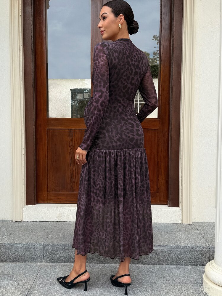 MaterniWear Maternity Leopard Print Round Neck Long Sleeve Ruched Elegant Dress - Purple - View 2