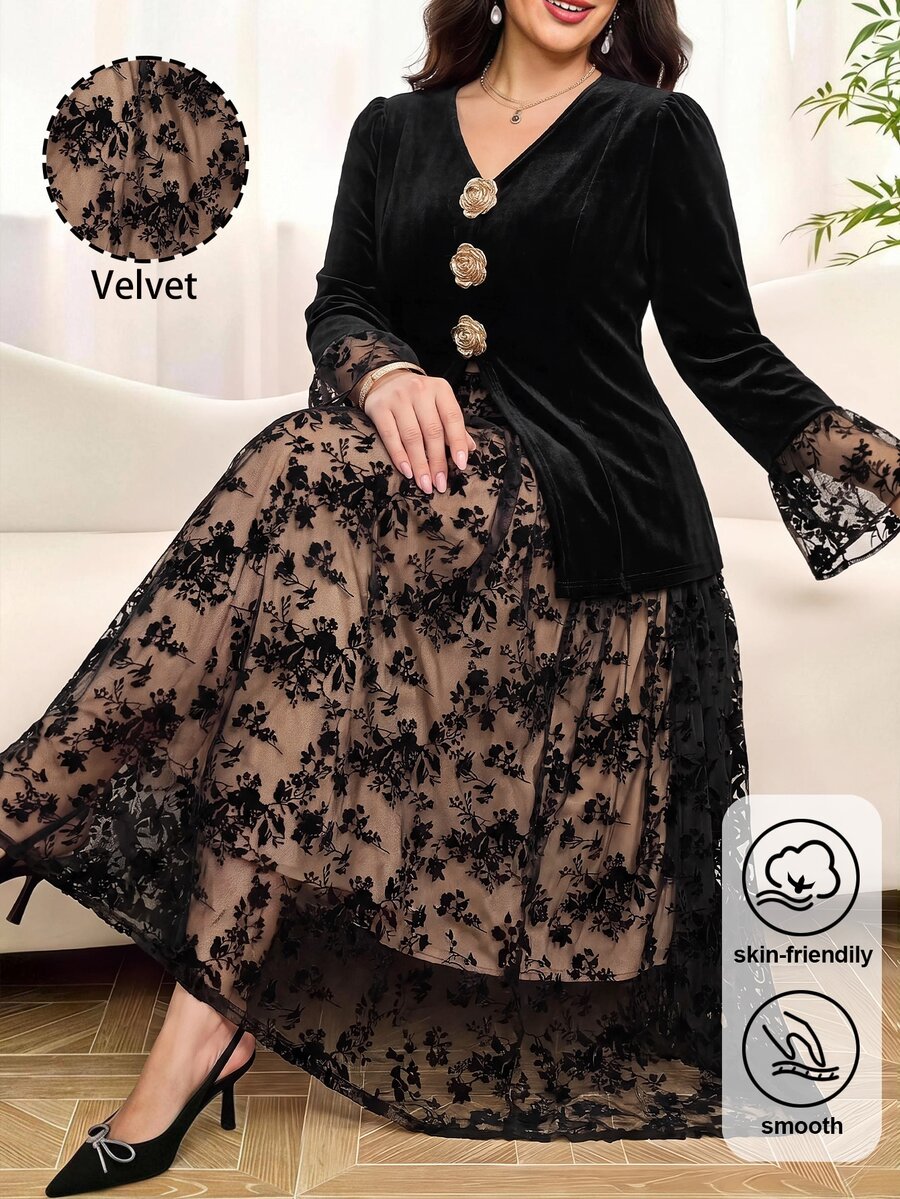 Reflora Plus Size Elegant Formal Commuter 3D Floral Decor Flared Sleeve Top Floral Flocked Mesh Skirt 2 Pieces Set Autumn Dinner Formal Black