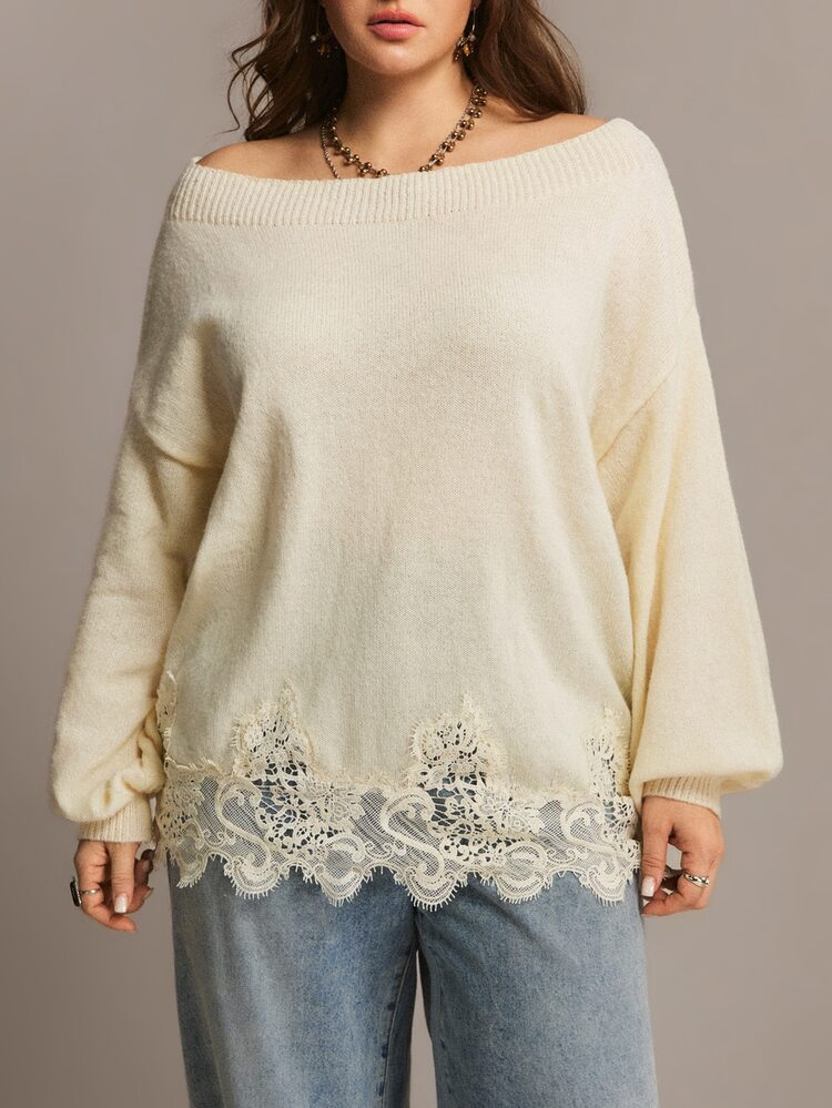 Freevana Plus Size Women's Solid Color Asymmetrical Shoulder Casual Elegant Everyday Date Night Party Formal Long Sleeve Sweater Fall White - Beige - View 3