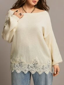 Freevana 大尺碼女款純色不對稱肩休閒優雅日常約會派對正式長袖針織衫 秋季白色 - 米色 - 查看 4