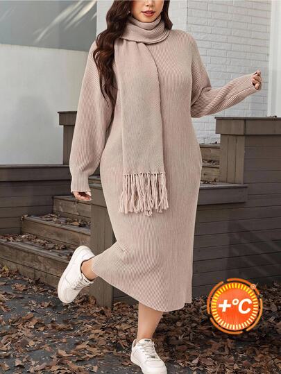 SHEIN LUNE فستان كنزة نسائي مقاس كبير، رقبة دائرية، أكمام طويلة، طول متوسط، مع جيوب ووشاح، ناعم ومريح، ملابس يومية كاجوال، خريف/شتاء