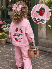 SHEIN Girls Sweet Pink Denim Utility Jacket, Circular Strawberry Pattern With Letter Embroidery Design, Lapel Long Sleeve Button Closure Style, Cotton Skin-Friendly Fabric, Back To School Autumn Cardigan, Suitable For Spring/Autumn School, Outings, Birthday Parties, Daily Photo Scenes, Can Be Paired With Dresses, Leggings To Create Energetic Princess Style - Pink - View 3