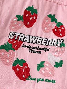 SHEIN Girls Sweet Pink Denim Utility Jacket, Circular Strawberry Pattern With Letter Embroidery Design, Lapel Long Sleeve Button Closure Style, Cotton Skin-Friendly Fabric, Back To School Autumn Cardigan, Suitable For Spring/Autumn School, Outings, Birthday Parties, Daily Photo Scenes, Can Be Paired With Dresses, Leggings To Create Energetic Princess Style - Pink - View 6