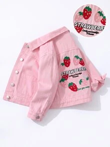 SHEIN Girls Sweet Pink Denim Utility Jacket, Circular Strawberry Pattern With Letter Embroidery Design, Lapel Long Sleeve Button Closure Style, Cotton Skin-Friendly Fabric, Back To School Autumn Cardigan, Suitable For Spring/Autumn School, Outings, Birthday Parties, Daily Photo Scenes, Can Be Paired With Dresses, Leggings To Create Energetic Princess Style - Pink - View 1
