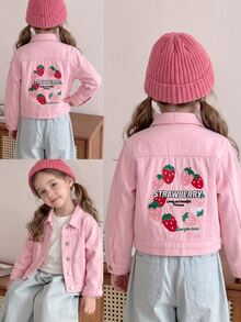 SHEIN Girls Sweet Pink Denim Utility Jacket, Circular Strawberry Pattern With Letter Embroidery Design, Lapel Long Sleeve Button Closure Style, Cotton Skin-Friendly Fabric, Back To School Autumn Cardigan, Suitable For Spring/Autumn School, Outings, Birthday Parties, Daily Photo Scenes, Can Be Paired With Dresses, Leggings To Create Energetic Princess Style - Pink - View 9
