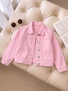 SHEIN Girls Sweet Pink Denim Utility Jacket, Circular Strawberry Pattern With Letter Embroidery Design, Lapel Long Sleeve Button Closure Style, Cotton Skin-Friendly Fabric, Back To School Autumn Cardigan, Suitable For Spring/Autumn School, Outings, Birthday Parties, Daily Photo Scenes, Can Be Paired With Dresses, Leggings To Create Energetic Princess Style - Pink - View 2