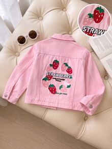SHEIN Girls Sweet Pink Denim Utility Jacket, Circular Strawberry Pattern With Letter Embroidery Design, Lapel Long Sleeve Button Closure Style, Cotton Skin-Friendly Fabric, Back To School Autumn Cardigan, Suitable For Spring/Autumn School, Outings, Birthday Parties, Daily Photo Scenes, Can Be Paired With Dresses, Leggings To Create Energetic Princess Style - Pink - View 4