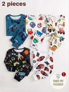 Young Boys Pajamas 2pcs Set, Autumn/Winter New Hot-Selling Cartoon Car All-Over Print Knitted High Elastic Round Neck Top And All-Over Print Long Pants, Snug Fit Loungewear, 1 Set - Multicolor - View 8