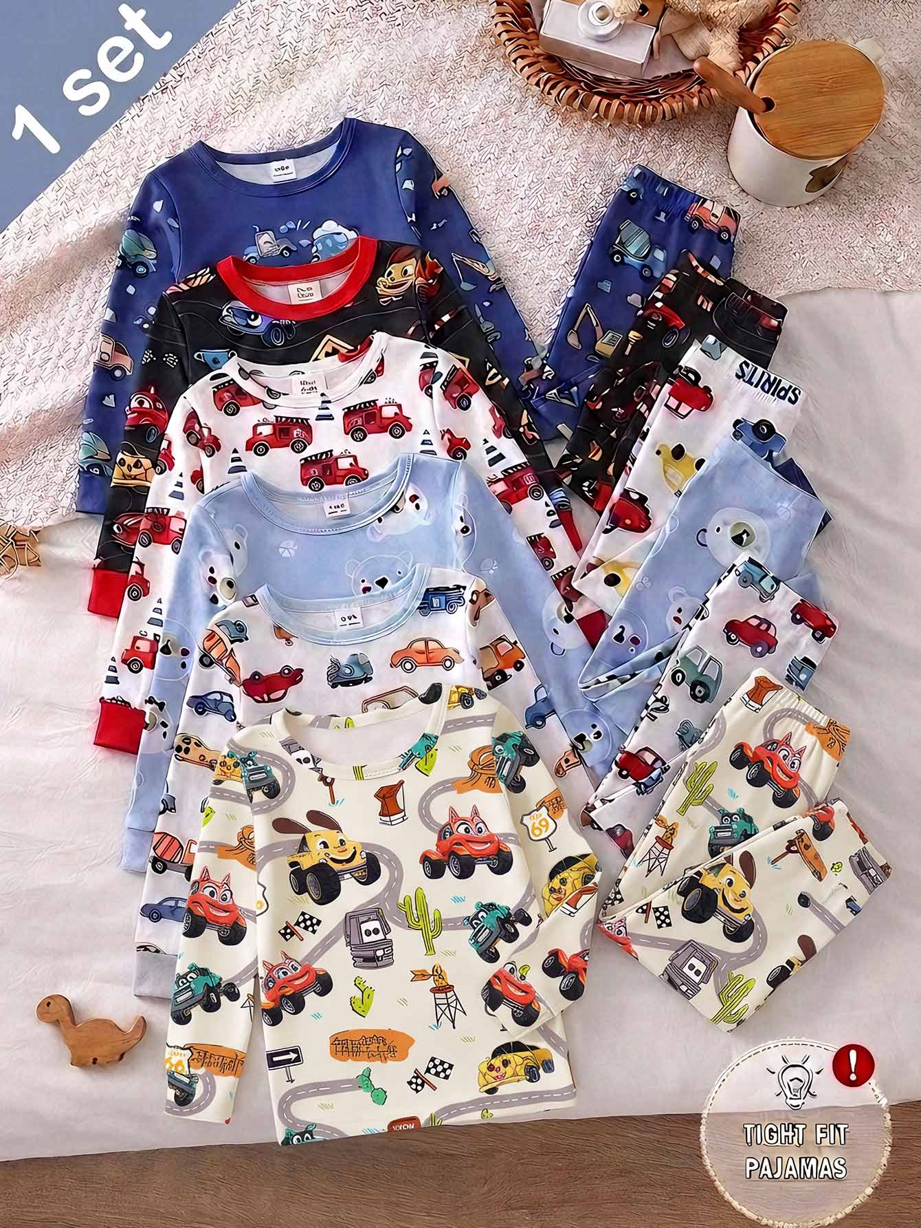 Young Boys Pajamas 2pcs Set, Autumn/Winter New Hot-Selling Cartoon Car All-Over Print Knitted High Elastic Round Neck Top And All-Over Print Long Pants, Snug Fit Loungewear, 1 Set - Multicolor - View 1