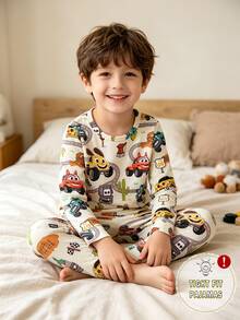 Young Boys Pajamas 2pcs Set, Autumn/Winter New Hot-Selling Cartoon Car All-Over Print Knitted High Elastic Round Neck Top And All-Over Print Long Pants, Snug Fit Loungewear, 1 Set - Multicolor - View 6