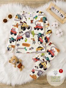 Young Boys Pajamas 2pcs Set, Autumn/Winter New Hot-Selling Cartoon Car All-Over Print Knitted High Elastic Round Neck Top And All-Over Print Long Pants, Snug Fit Loungewear, 1 Set - Multicolor - View 4
