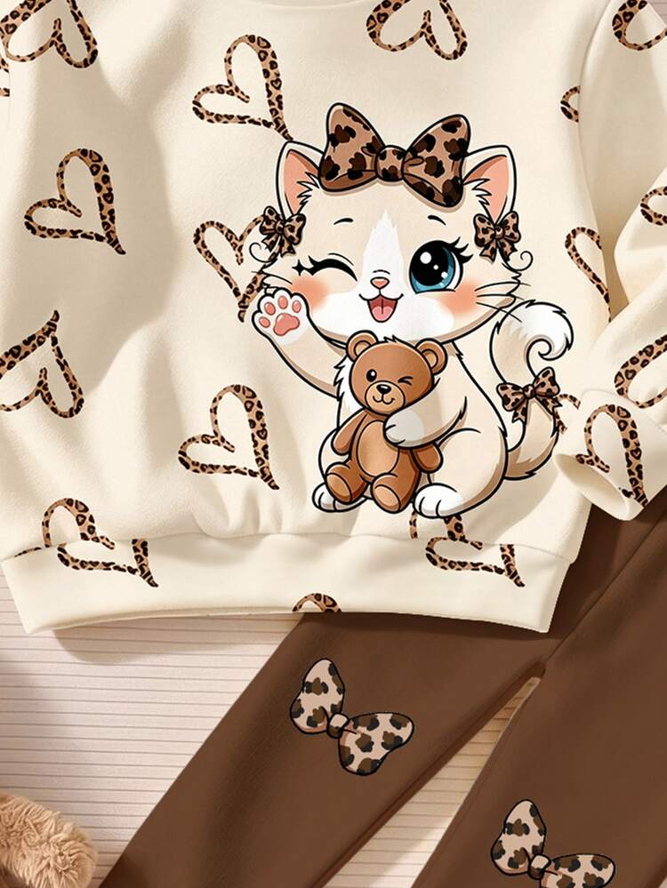 Fall Outfits Baby Girl Cartoon Leopard Print Bow White Cat & Bear Hollow Heart Pattern Round Neck Sweatshirt & Leggings Set Autumn Winter 2026 - Multicolor - View 8