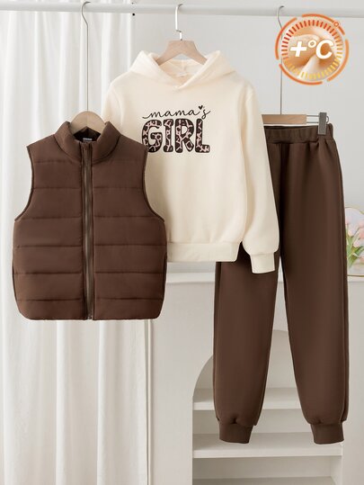 SHEIN Conjunto de 3 piezas para niñas otoño/invierno: sudadera con capucha con estampado de leopardo y letras "Mama's Girl", chaleco acolchado y pantalones acampanados