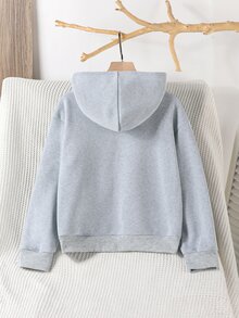 SHEIN 女童秋冬連帽運動外套，淺灰色胸前小粉色蝴蝶結印花，簡約優雅，前袋鼠口袋，寬鬆休閒版型，全開襟拉鍊，穿脫方便，適合日常上學與休閒外出，百搭風格 - 灰色 - 查看 3