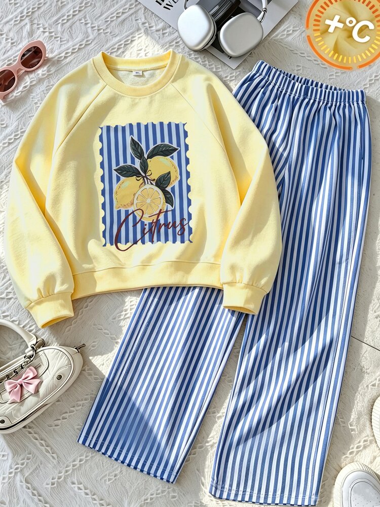 SHEIN Girls' Autumn-Winter Sports Sweatshirt Set: Lemon-Print Long Sleeves+Elastic-Waist Pants, Light Blue And White Color Scheme Set For Autumn And Winter - Yellow - View 7