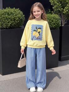SHEIN Girls' Autumn-Winter Sports Sweatshirt Set: Lemon-Print Long Sleeves+Elastic-Waist Pants, Light Blue And White Color Scheme Set For Autumn And Winter - Yellow - View 4