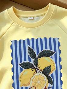 SHEIN Girls' Autumn-Winter Sports Sweatshirt Set: Lemon-Print Long Sleeves+Elastic-Waist Pants, Light Blue And White Color Scheme Set For Autumn And Winter - Yellow - View 6