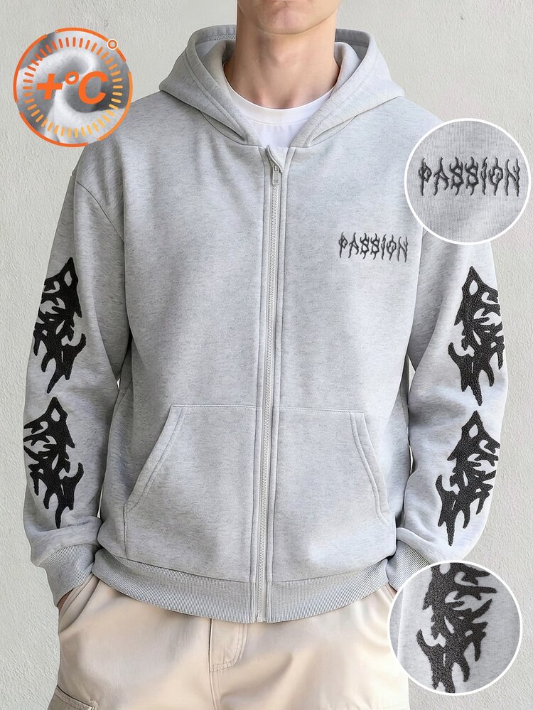 Teen Boy 12-16Y Y2K Gothic Thorn Embroidered Fleece Zip Up Sweatshirt Loose Warm Sweatshirt For Autumn Winter Spring School Skateboarding Streetwear. - Grey - View 4