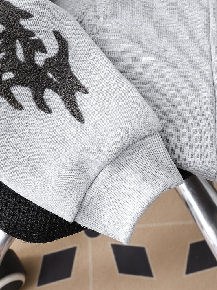 Teen Boy 12-16Y Y2K Gothic Thorn Embroidered Fleece Zip Up Sweatshirt Loose Warm Sweatshirt For Autumn Winter Spring School Skateboarding Streetwear. - Grey - View 7