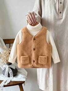 SHEIN Autumn/Winter Baby Toddler 0-3 Years Old All-Match Solid Brown Teddy Fabric Comfortable Versatile Casual Kawaii Jacket - Brown - View 3