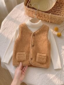 SHEIN Autumn/Winter Baby Toddler 0-3 Years Old All-Match Solid Brown Teddy Fabric Comfortable Versatile Casual Kawaii Jacket - Brown - View 2