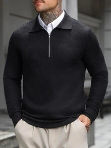 Manfinity Homme قميص بولو رجالي كاجوال بلون موحد وأكمام طويلة وتصميم بسحاب - الأسود - مشاهدة 5