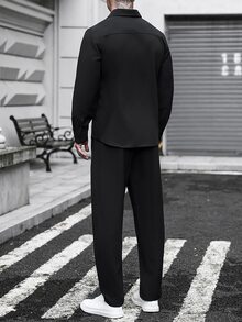 Manfinity Homme Men's Solid Color Long Sleeve Shirt And Long Pants Casual Daily Outfit - Black - View 2