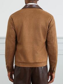 HUEFORM Men's Brown Loose Fit Jacket With Contrast Collar, Zipper Closure, Single Patch Pocket, Workwear Style, Casual Business Commute Top - Khaki - View 2