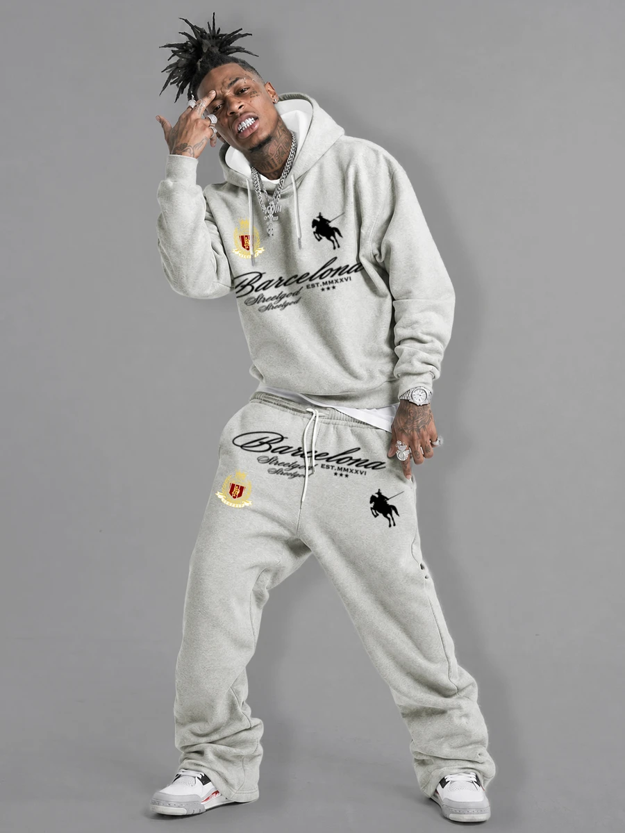 Manfinity EMRG Men's Letter Knight Pattern Hoodie And Pants Set - Grey - View 1
