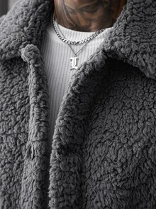Manfinity Roughcore 2026 New Men's New Year Christmas Halloween Holiday Gift Casual Fashion Design Minimalist Versatile Loose Dark Grey Plush Wool Overcoat - Dark Grey - View 5