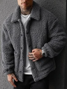 Manfinity Roughcore 2026 New Men's New Year Christmas Halloween Holiday Gift Casual Fashion Design Minimalist Versatile Loose Dark Grey Plush Wool Overcoat - Dark Grey - View 1