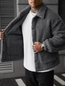 Manfinity Roughcore 2026 New Men's New Year Christmas Halloween Holiday Gift Casual Fashion Design Minimalist Versatile Loose Dark Grey Plush Wool Overcoat - Dark Grey - View 6