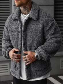 Manfinity Roughcore 2026 New Men's New Year Christmas Halloween Holiday Gift Casual Fashion Design Minimalist Versatile Loose Dark Grey Plush Wool Overcoat - Dark Grey - View 4