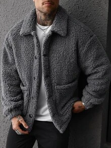 Manfinity Roughcore 2026 New Men's New Year Christmas Halloween Holiday Gift Casual Fashion Design Minimalist Versatile Loose Dark Grey Plush Wool Overcoat - Dark Grey - View 7