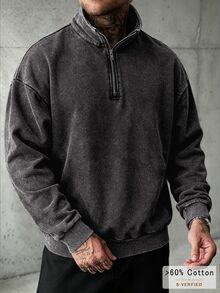 Manfinity Roughcore Sweatshirt Hoodie Kasual Lengan Panjang Setengah Resleting Gaya Retro untuk Pria, Cocok untuk Halloween, Hadiah Liburan, dan Mode. - Hitam - View 5