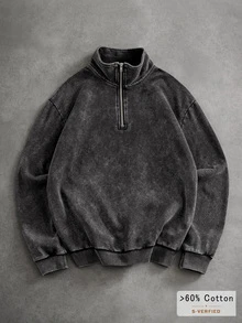 Manfinity Roughcore Sweatshirt Hoodie Kasual Lengan Panjang Setengah Resleting Gaya Retro untuk Pria, Cocok untuk Halloween, Hadiah Liburan, dan Mode. - Hitam - View 1