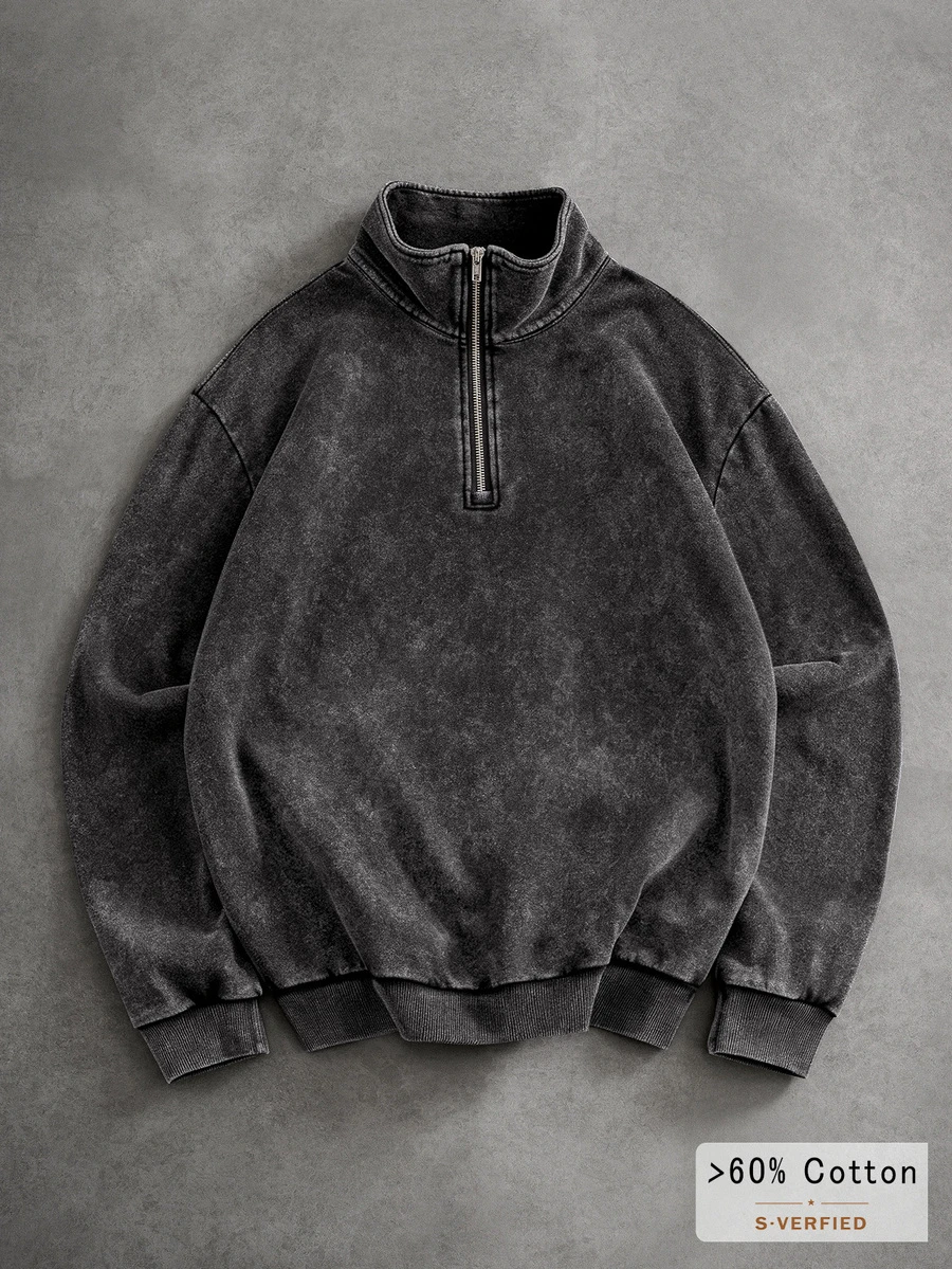 Manfinity Roughcore Sweatshirt Hoodie Kasual Lengan Panjang Setengah Resleting Gaya Retro untuk Pria, Cocok untuk Halloween, Hadiah Liburan, dan Mode. - Hitam - View 1