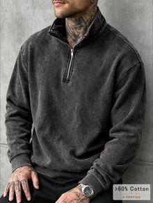 Manfinity Roughcore Sweatshirt Hoodie Kasual Lengan Panjang Setengah Resleting Gaya Retro untuk Pria, Cocok untuk Halloween, Hadiah Liburan, dan Mode. - Hitam - View 3