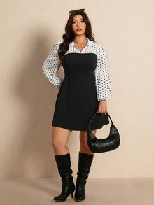 Elaquor Plus Size Women's Patchwork Polka Dot Pattern 2 In 1 Long Sleeve Casual Dress Elegant Dress For Women Fall/Winter Elegant Office Business Work Dress - Black - View 5
