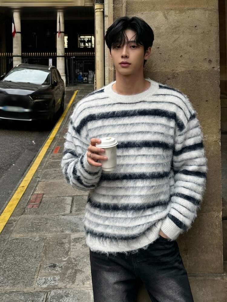 DAZY Men's Autumn/Winter Brushed Light Gray With Black Striped Crew Neck Ribbed Cuff And Hem Sweater - Multicolor - View 8