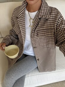 DAZY 秋冬保暖內裡羊毛夾克，寬鬆商務休閒風，適合辦公室日常穿著，菱形幾何圖案，棕色與白色波點 - 棕色 - 查看 2