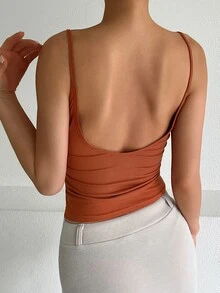 DAZY Women's Casual Minimalist Solid Color Fitted Backless Camisole Top Tank Tops Preppy Tops - Apricot - View 6