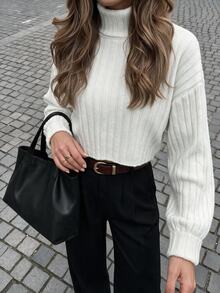 EURMUSE Turtleneck Drop Shoulder Ribbed Knit Jumper - Beige - View 2