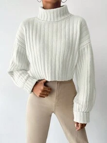 EURMUSE Turtleneck Drop Shoulder Ribbed Knit Jumper - Beige - View 3