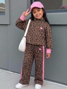 Kids Young Girl Autumn/Winter Cute Casual Leopard Print Patchwork Striped Pattern Long Sleeve Stand Collar Sweatshirt And Elastic Waist Long Pants Set - Multicolor - View 8