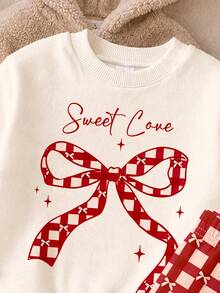 Sweet Girl Bowknot, Angora Red Mini Plaid Pattern Print, Baby Girl Casual Fleece Soft Loose Round Neck Pullover Sweatshirt Brushed Leggings New Set Suitable For Autumn/Winter Daily Wear, Campus, Outings, Holiday Parties, Vacations, Christmas Outfits, Vintage Girl Style, Christmas Sweet Relaxed Fashion, Chill - Multicolor - View 5