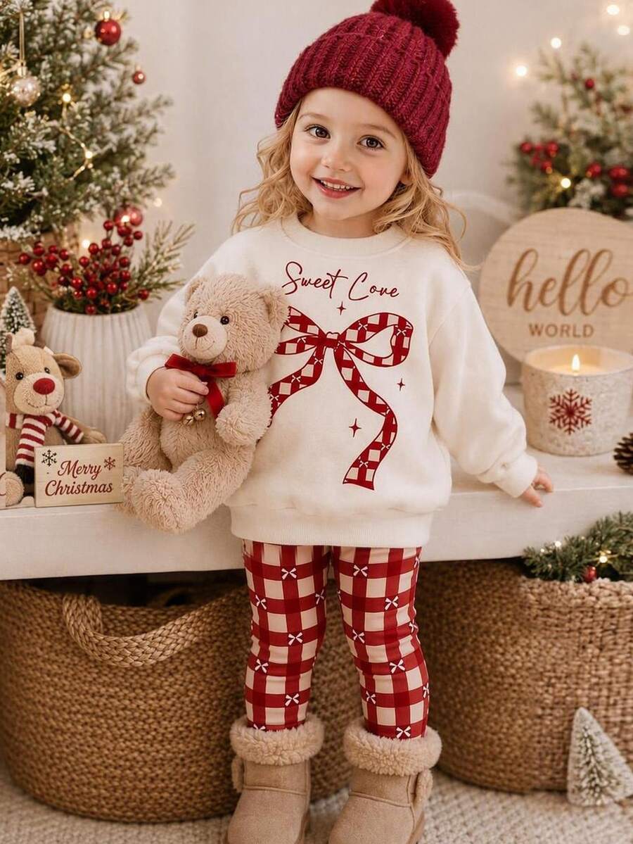 Sweet Girl Bowknot, Angora Red Mini Plaid Pattern Print, Baby Girl Casual Fleece Soft Loose Round Neck Pullover Sweatshirt Brushed Leggings New Set Suitable For Autumn/Winter Daily Wear, Campus, Outings, Holiday Parties, Vacations, Christmas Outfits, Vintage Girl Style, Christmas Sweet Relaxed Fashion, Chill - Multicolor - View 1