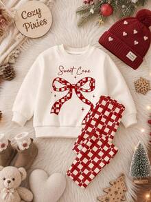 Sweet Girl Bowknot, Angora Red Mini Plaid Pattern Print, Baby Girl Casual Fleece Soft Loose Round Neck Pullover Sweatshirt Brushed Leggings New Set Suitable For Autumn/Winter Daily Wear, Campus, Outings, Holiday Parties, Vacations, Christmas Outfits, Vintage Girl Style, Christmas Sweet Relaxed Fashion, Chill - Multicolor - View 8