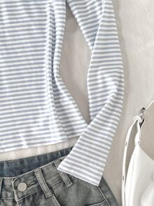 SHEIN 青少年女孩秋冬休閒優雅藍白條紋鈕扣裝飾半開襟套頭長袖修身T恤，適合返校、日常穿著、疊穿 - 藍色 - 查看 5