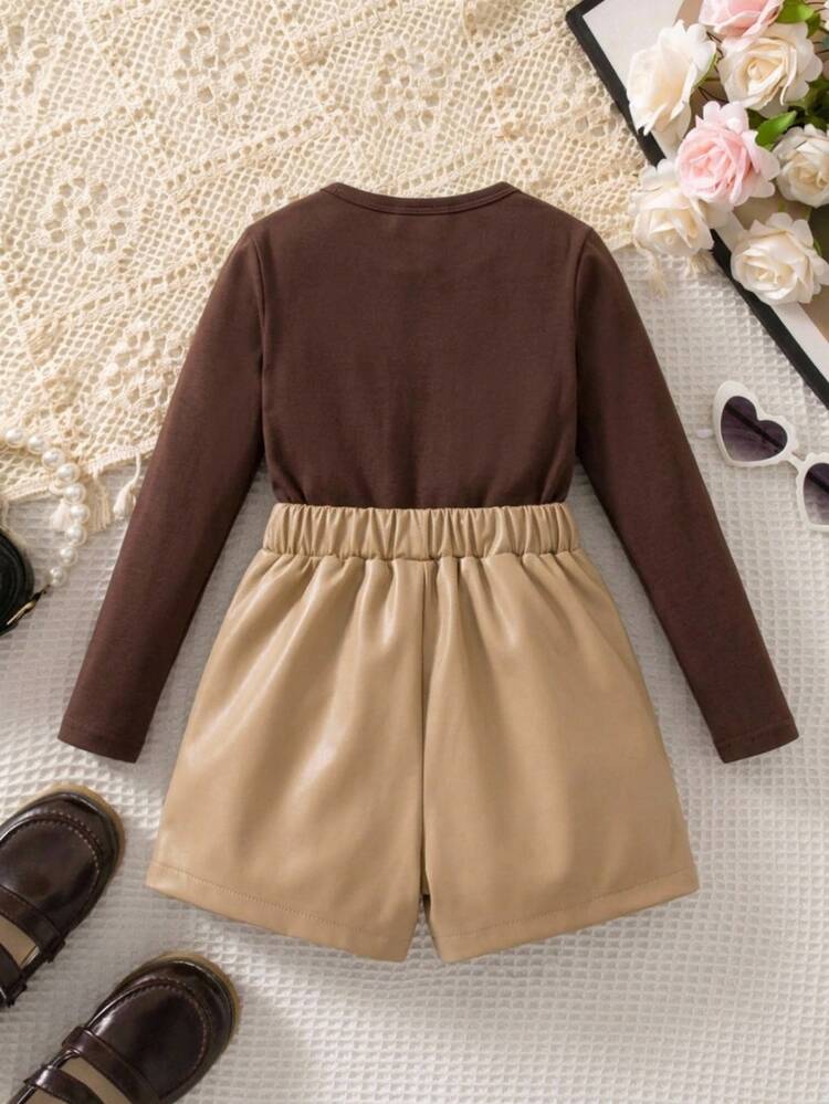 SHEIN Kids Young Girl Solid Color Pleated Long Sleeve T-Shirt And Skort Casual Daily Outfit - Multicolor - View 5